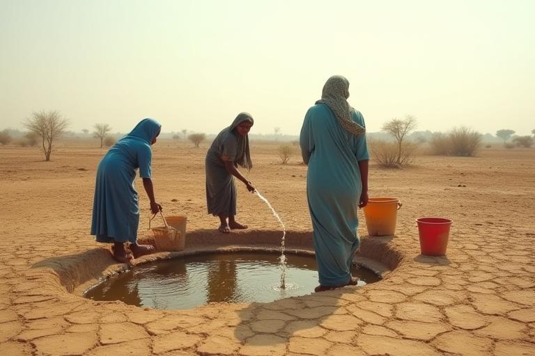 Village residents collecting water or looking at a dry well