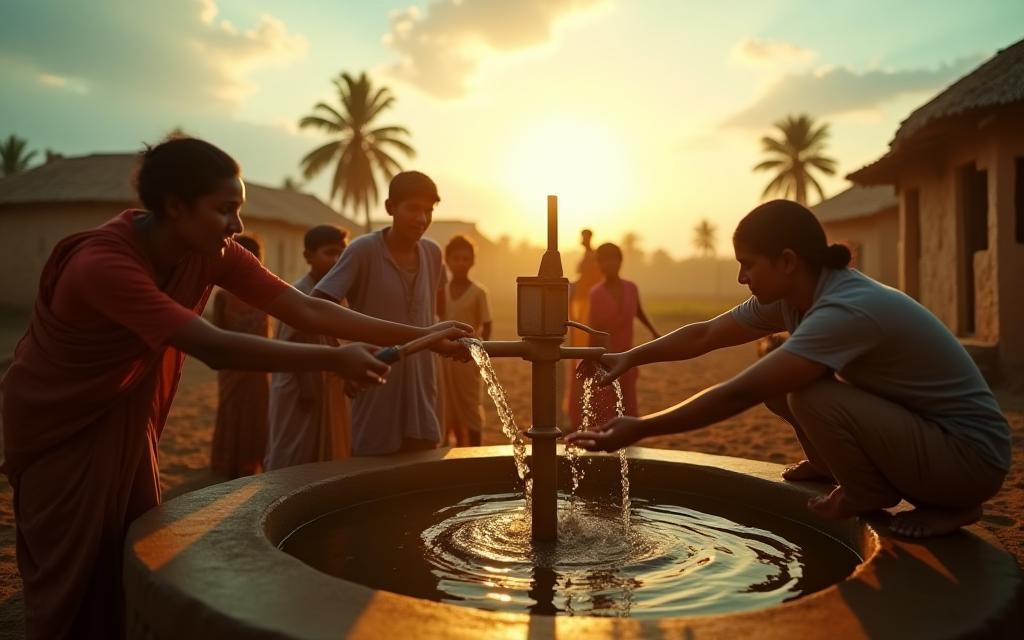 Community gathering or helping hands with a water source